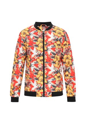 Punane pommijakk, millel on kollane lille- ja roheline lehe muster. Must kaelus, varrukad ja vöökoht. Täispikk eesmine tõmblukk.