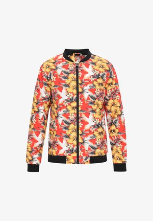 Rote Bomberjacke mit gelbem Blumen- und grünem Blattmuster. Mit schwarzem Kragen, Bündchen und Saum. Voller Reißverschluss vorne.