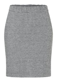 Grauer und schwarzer gemusterter Bleistiftrock mit einer taillierten Silhouette. Verfügt über einen elastischen Bund und eine glatte Textur. Keine sichtbaren Verschlüsse.