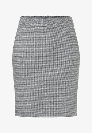 Grauer und schwarzer gemusterter Bleistiftrock mit einer taillierten Silhouette. Verfügt über einen elastischen Bund und eine glatte Textur. Keine sichtbaren Verschlüsse.