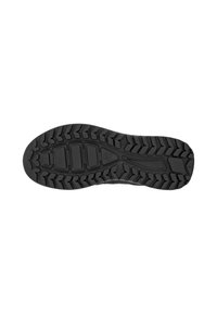 Black rubber shoe sole with molded treads, featuring a thick, textured surface designed for traction and durability.