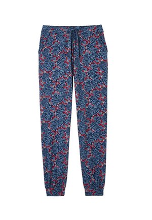 Pantaloni jogger con stampa floreale in blu navy, dotati di cintura con cordino, tessuto morbido e polsini affusolati con dettagli rossi e bianchi.