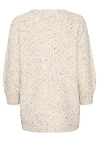 Maglione a maglia in crema con macchie multicolori, design oversize, polsini a coste e motivo testurizzato. La vista posteriore mostra spalle scese.