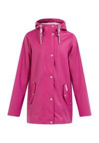 Jachetă de ploaie waterproof roz, cu glugă, închidere cu capse, accesorii argintii și două buzunare frontale. Textură netedă și croială lejeră.