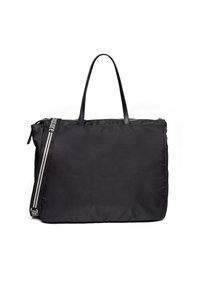 Sac fourre-tout noir en nylon avec deux poignées noires, fermeture éclair et une sangle latérale ornée de lettres blanches et de rayures contrastées. Forme rectangulaire simple.