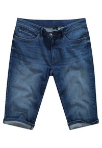 Shorts en denim bleu foncé avec une coupe droite, dotés de cinq poches, d'ourlets retroussés et d'un léger décoloration sur le devant.