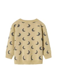 Gelber Strickpullover mit grauem Halbmondmuster, rundem Ausschnitt, gerippten Bündchen und Saum, mit lässiger Passform und strukturiertem Stoff.