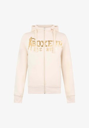 Cremfarbener Reißverschluss-Hoodie mit Kapuze, goldfarbenem Folientext "BOXEUR DES RUES" und grafischer Darstellung eines Boxers, mit engen Bündchen und Saum.