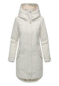 Cappotto bianco di lunghezza media con cappuccio, caratterizzato da bottoni frontali, due tasche laterali e polsini a coste; realizzato in tessuto morbido con una texture lucida.