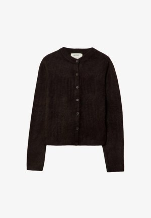 Cardigan marrone scuro con scollo rotondo, chiusura a bottoni e maniche lunghe. Realizzato in morbido materiale a maglia, presenta una texture liscia.