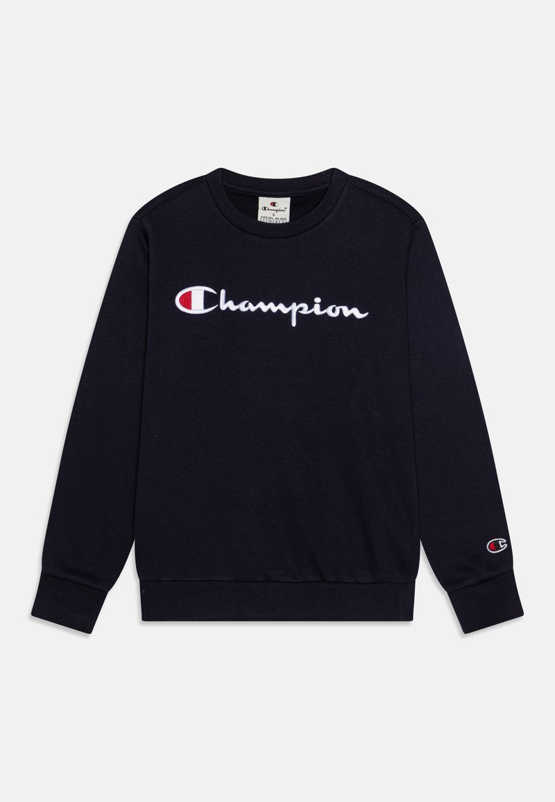 Sweatshirt azul marinho feito de algodão, com decote redondo, mangas compridas e logo bordado "Champion" à frente e na manga esquerda.