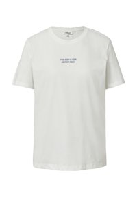 T-shirt en coton blanc à col rond, à manches courtes, avec un texte bleu indiquant "VOTRE CORPS EST VOTRE MEILLEUR ACTIF" sur le devant.