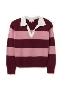 Bordeaux-rot und hellrosa gestreifter Pullover mit weißem Kragen, V-Ausschnitt und gerippten Bündchen und Saum. Weiche, gestrickte Stofftextur.