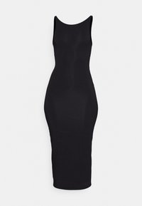 Černé bodycon šaty vyrobené z elastického materiálu, s lodičkovým výstřihem, přiléhavým střihem a délky po kolena.