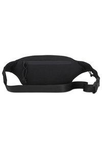 Marsupio in tessuto nero con tasca frontale con zip, cinturino regolabile, texture liscia e design minimalista. Compatto e funzionale.