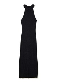 Abito in maglia a coste nero con collo alto a halter, design aderente e texture liscia, che arriva fino a metà polpaccio.
