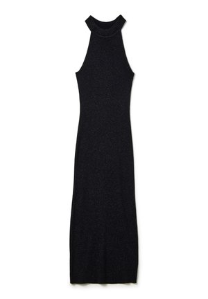 Abito in maglia a coste nero con collo alto a halter, design aderente e texture liscia, che arriva fino a metà polpaccio.