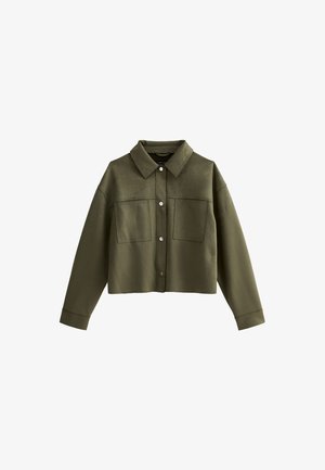 Cropped olive green jacket with a collar, two front pockets, and silver button closures. Made from smooth fabric with a matte texture.