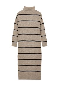 Abito a maglia beige con strisce orizzontali nere, caratterizzato da un collo alto e maniche a tre quarti. Tessuto morbido e testurizzato, design di lunghezza media.