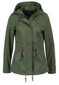 Veste vert olive en tissu lisse, dotée d'une capuche, de deux poches avant, d'une taille à cordon et d'une fermeture éclair avant avec pression.