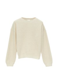 Sweter w kolorze kremowym, dzianinowy, z teksturowanym wzorem, okrągłym dekoltem i luźnymi długimi rękawami. Żebrowane mankiety i dół.