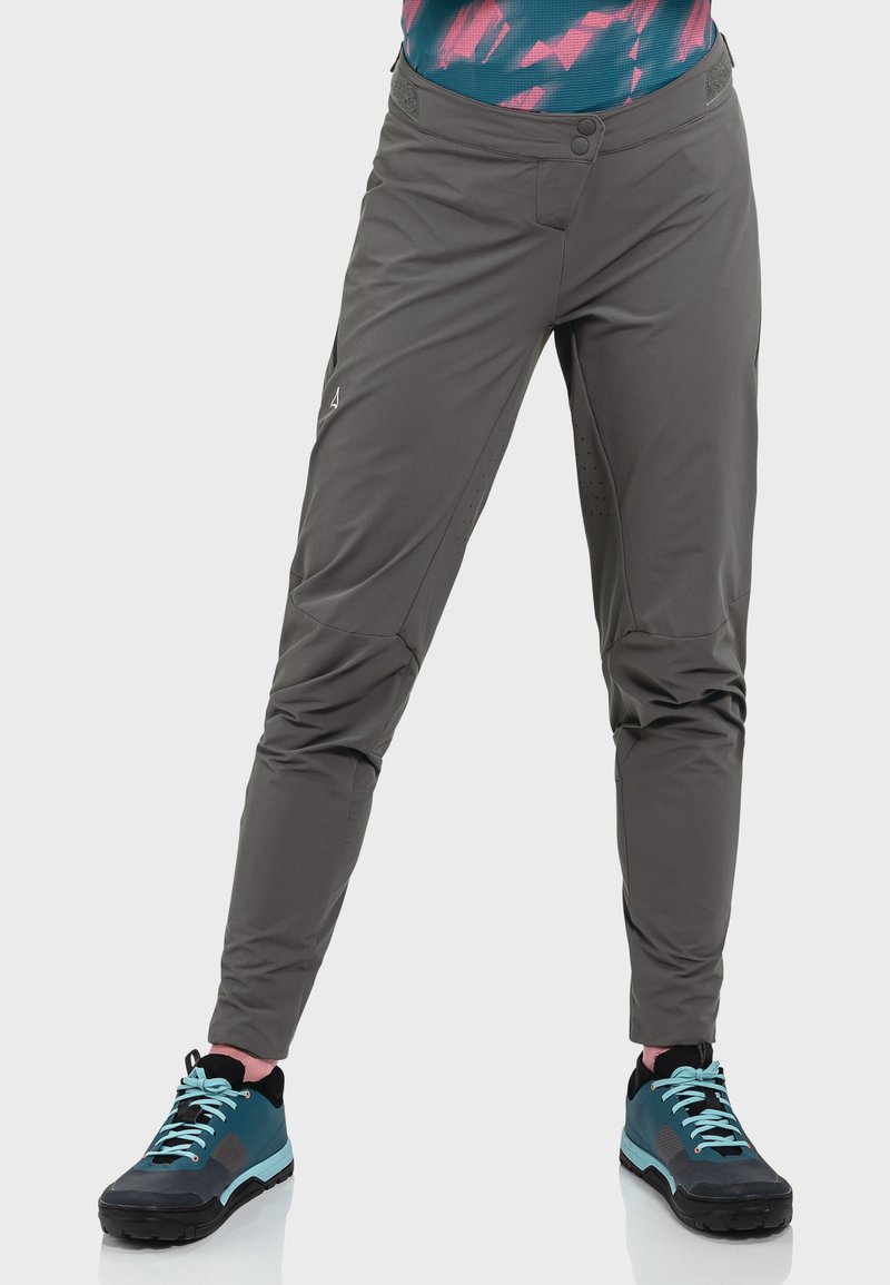 Graue Outdoor-Hosen mit schmalem Schnitt, aus weichem, dehnbarem Material. Mit zwei Knöpfen und seitlichen Belüftungsdetails.