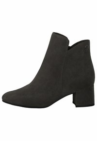 Botines de ante gris con puntera afilada, tacón bajo y un diseño recortado en los lados. Textura suave con un diseño mínimo.