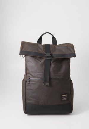 Dark brown roll-top backpack with black strap buckle, front zipper pocket, side pockets, and Barbour logo patch on a white background.