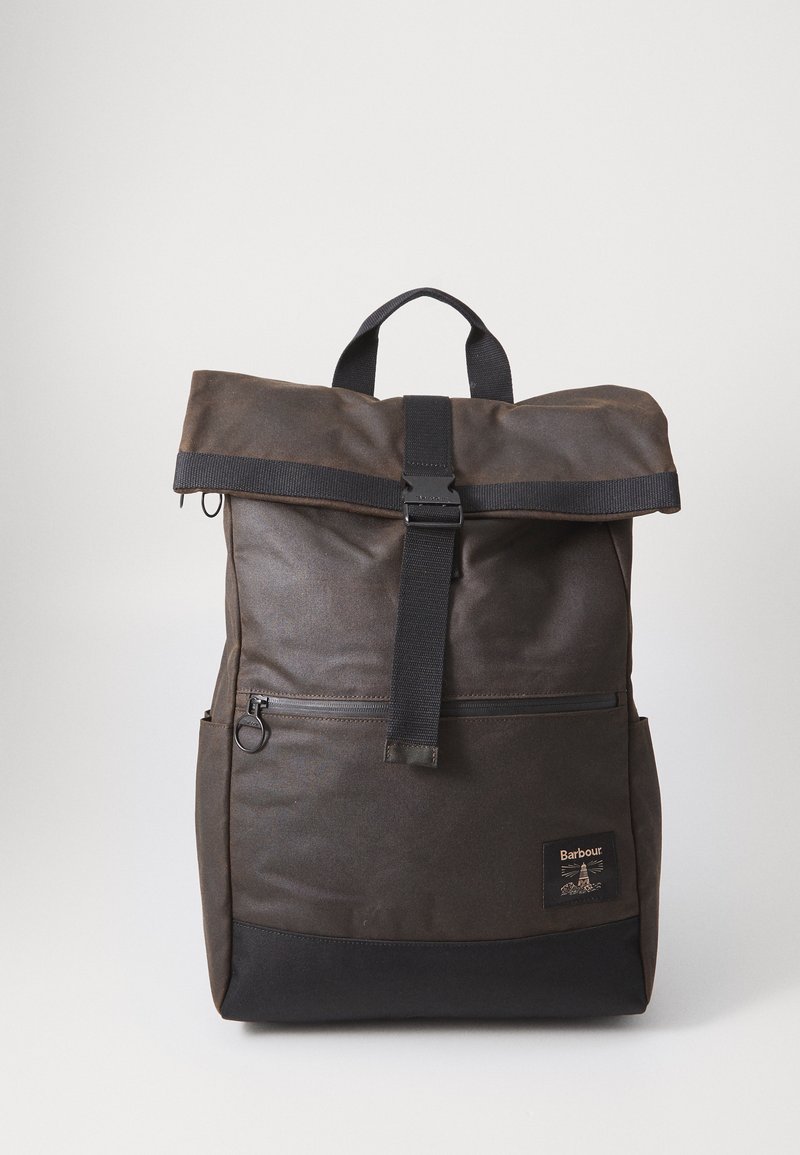 Dark brown roll-top backpack with black strap buckle, front zipper pocket, side pockets, and Barbour logo patch on a white background.