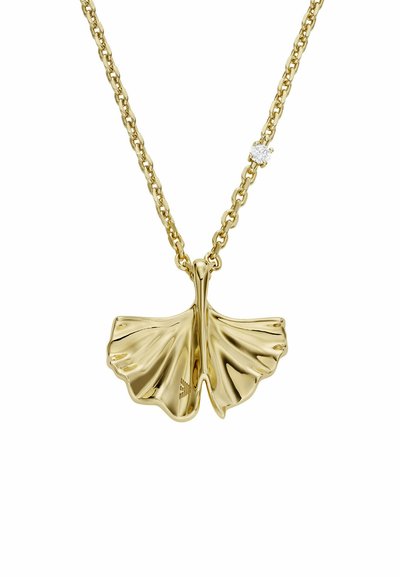 Guldkedja med ett ginkgo-blads hänge med en polerad yta. Kedjan har en liten diamantaccent inbäddad i länkarna.