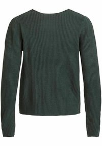 Sweter dziergany w ciemnozielonym kolorze, z okrągłym dekoltem, długimi rękawami oraz teksturowanym materiałem z prążkowanym wzorem. Pokazany widok z tyłu.