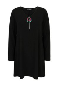 Black long-sleeve tunic dress with V-neck and front zipper featuring red and green circular pull tabs.
