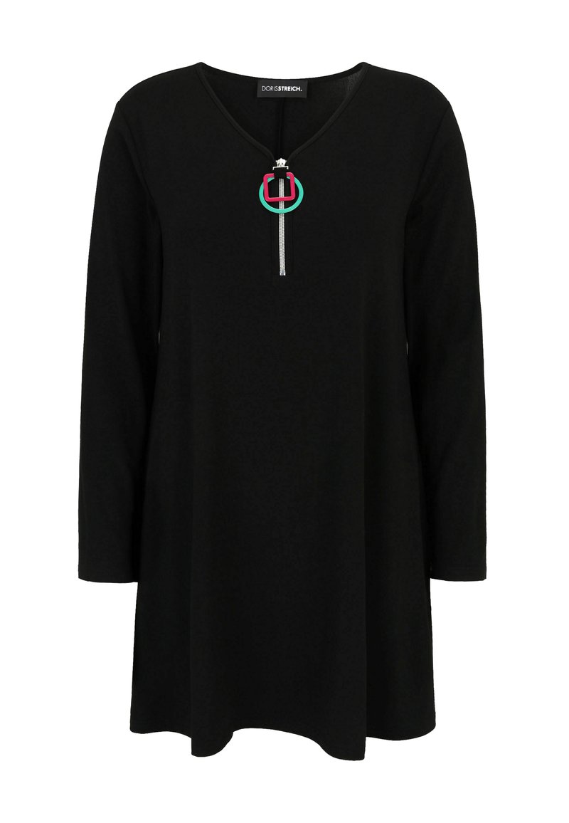 Black long-sleeve tunic dress with V-neck and front zipper featuring red and green circular pull tabs.