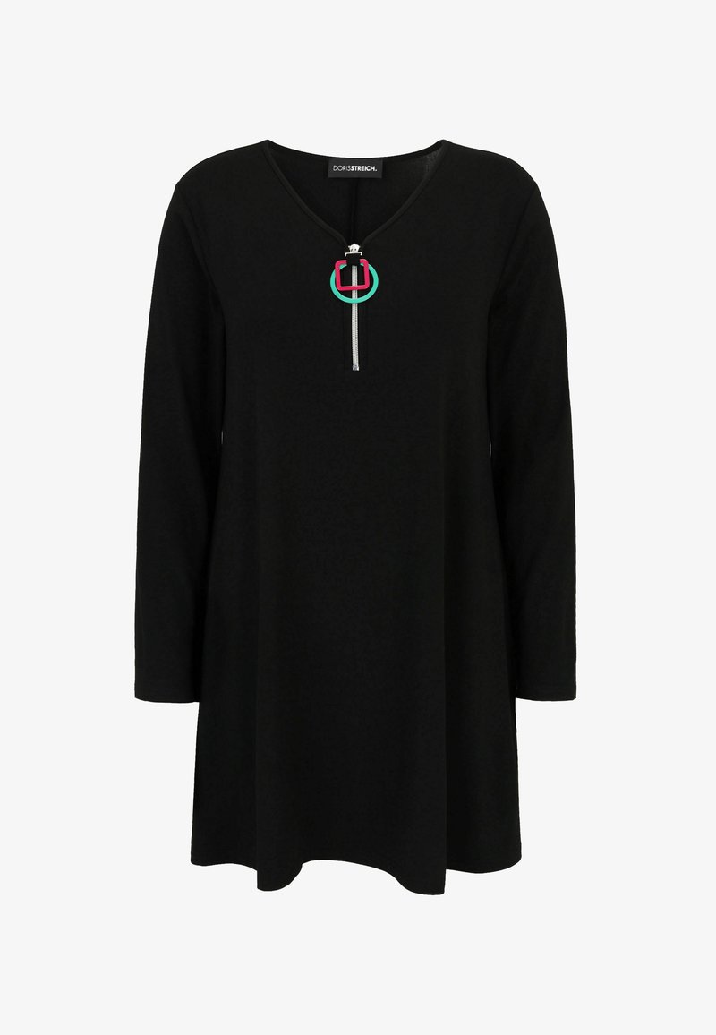 Black long-sleeve tunic dress with V-neck and front zipper featuring red and green circular pull tabs.