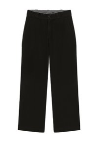 Sorte bukser med lige ben, sidelommer, knaplukning og bæltestropper, vist fladt på en hvid baggrund.