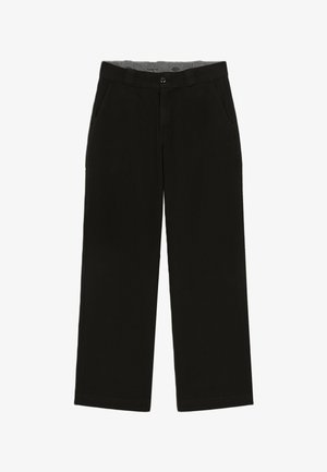 Černé kalhoty s rovnými nohavicemi, bočními kapsami, zapínáním na knoflíky a poutky na opasek, zobrazené vleže na bílém pozadí.