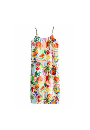 Robe midi sans manches avec fines bretelles, décorée d'un imprimé fruits tropicaux colorés et palmiers sur fond clair.