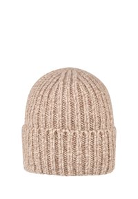 Beige knitted woolen beanie with ribbed pattern and folded brim.