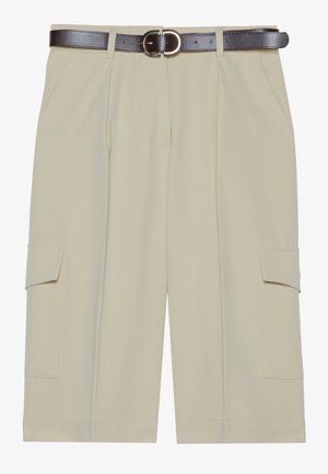 Beez värvi laiad lühikesed püksid, millel on mugav lõige, kaks küljetaskut ja pruun vöö ümmarguse pandlaga, sile kangastekstuuri.