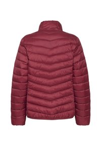 Burgundska pufferska jakna z značilnim šivom v obliki chevron, visokim ovratnikom in rebrastimi manšeti. Gladek, sijajen zunanjost s lahko izolacijo.