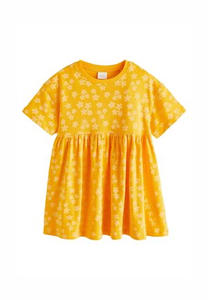 Robe jaune à manches courtes avec taille froncée et motif floral jaune clair sur toute la surface, encolure ronde, taille enfant.