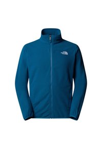 Veste polaire bleue à fermeture éclair complète avec col montant, manches longues, poches latérales et logo The North Face blanc sur la poitrine.