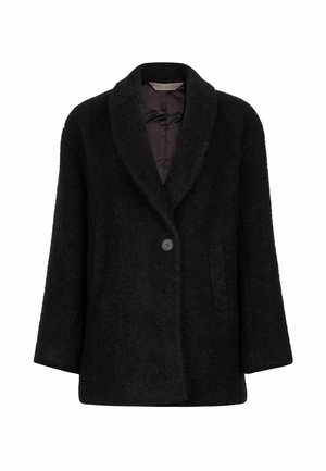 Schwarzer strukturierten Mantel mit Schalkragen, einer Knopfleiste, zwei seitlichen Taschen und einem glatten Innenfutter. Geeignet für kühlere Wetterbedingungen.