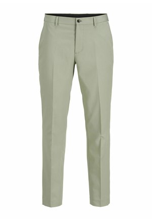 Light green tailored trousers with a flat front, belt loops, and a single button closure. Smooth fabric with a subtle sheen and straight legs.