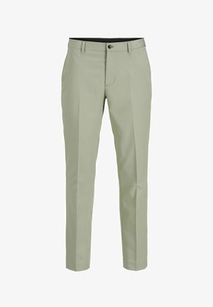 Light green tailored trousers with a flat front, belt loops, and a single button closure. Smooth fabric with a subtle sheen and straight legs.