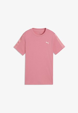 T-shirt rose à manches courtes Puma avec logo Puma blanc sur la poitrine et logos Puma répétés sur les bandes des manches.