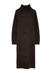 Dunkelbraunes gestricktes Rollkragenkleid mit langen Ärmeln, einer lockeren Silhouette und gerippten Bündchen sowie Saum. Weiche Textur mit einem subtilen Glanz.