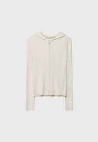 Cream-colored ribbed zip-up hoodie with long sleeves and a relaxed fit. Features a hood and smooth zipper closure at the front.