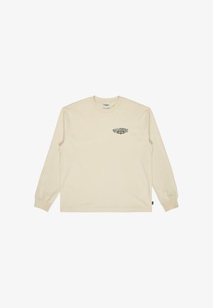 T-shirt beige à manches longues avec col rond, petit logo multicolore "Billabong" et motif vague sur la poitrine gauche.