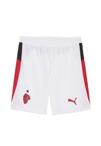 Shorts de sport blancs avec des accents latéraux rouges et noirs. Présente un logo de dragon rouge et le logo de Puma en rouge. Fabriqué en matériau léger.